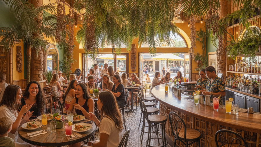 Tropical-inspired cocktail bar ambiance at Day Tripper Sacramento, highlighting Midtown nightlife.