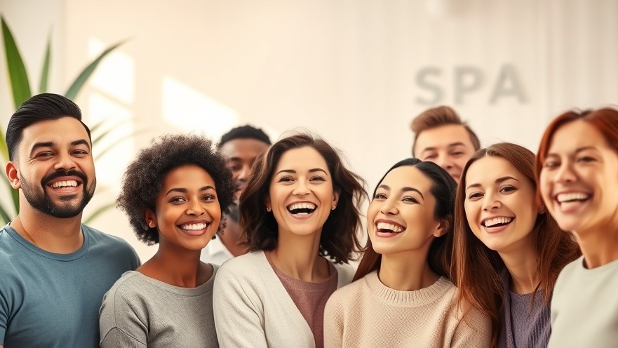 Diverse group celebrating joy after a med spa treatment in a serene environment.