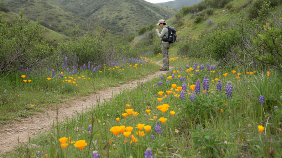 Hiker viewing yellow and purple spring wildflowers along a trail at Stebbins Cold Canyon Reserve