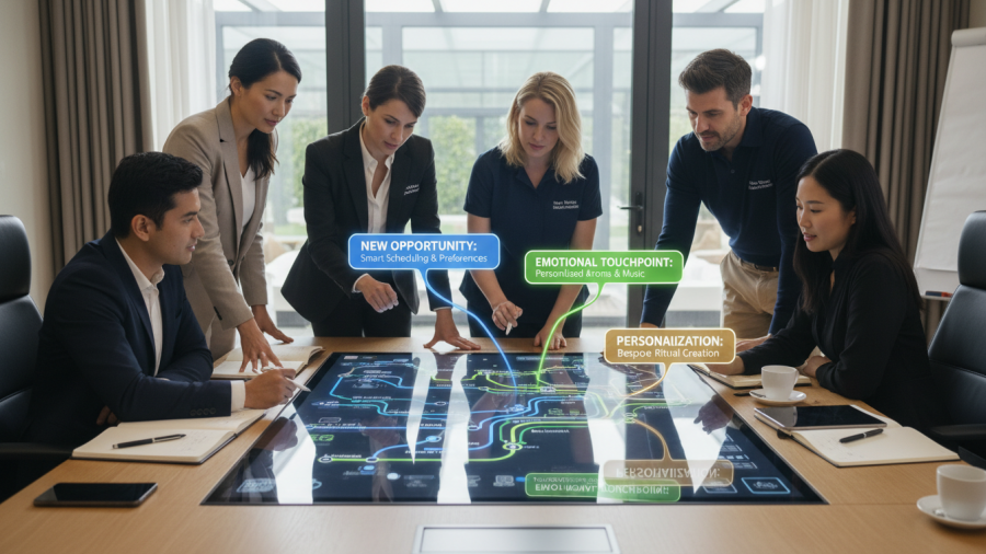 Spa management team discussing wellness driven spa strategy on digital touchscreen.