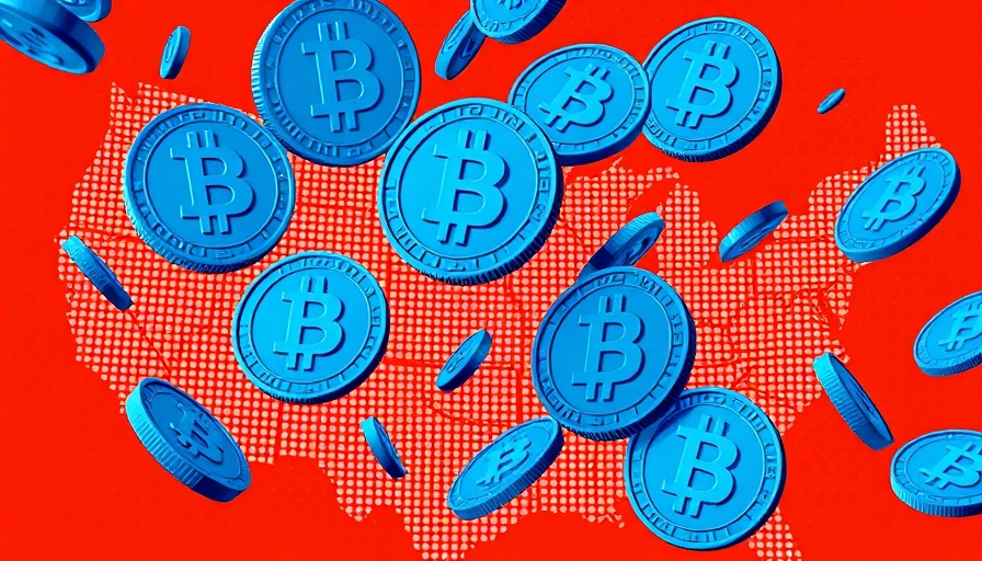 Blue bitcoins floating on orange USA map, crypto investment.