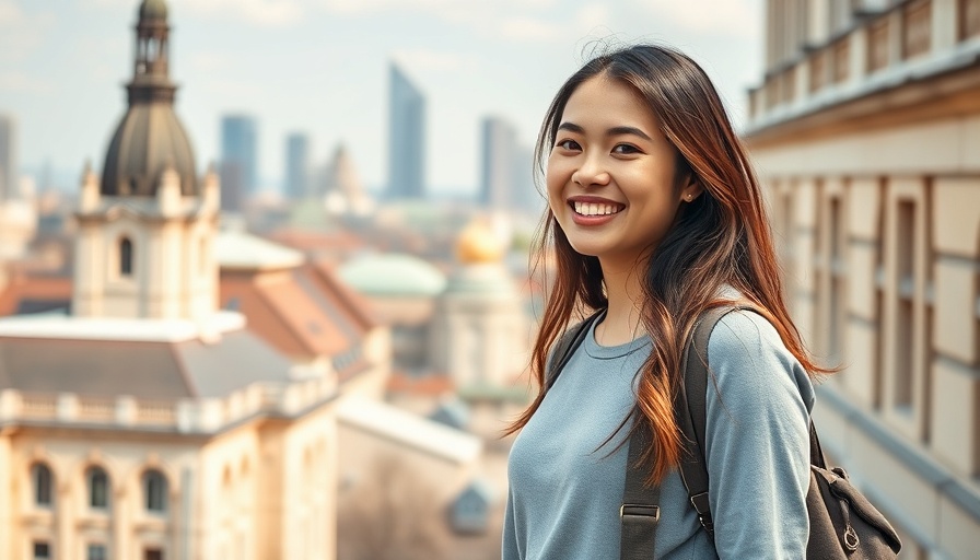 Smiling woman in front of iconic building, conveying brand building.