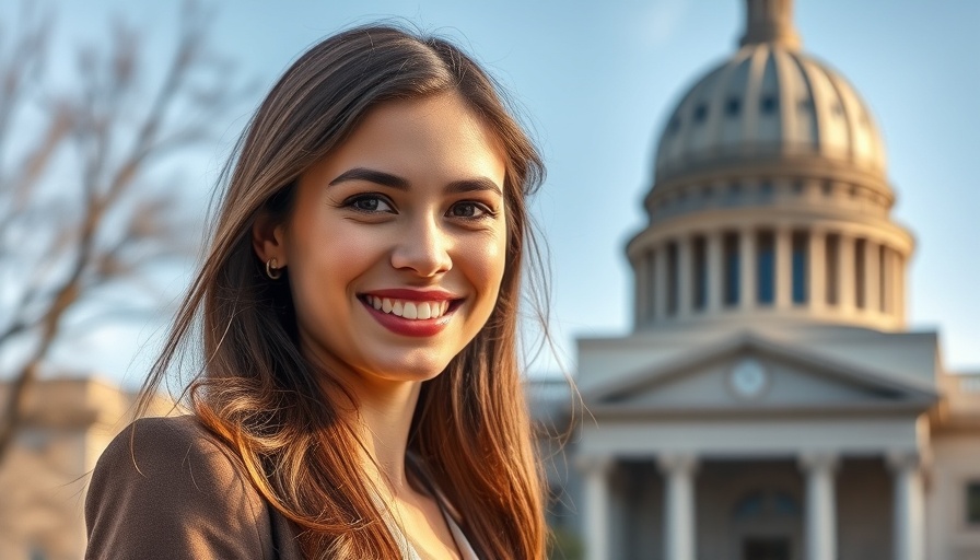 Young woman smiling in front of a large governmental building.