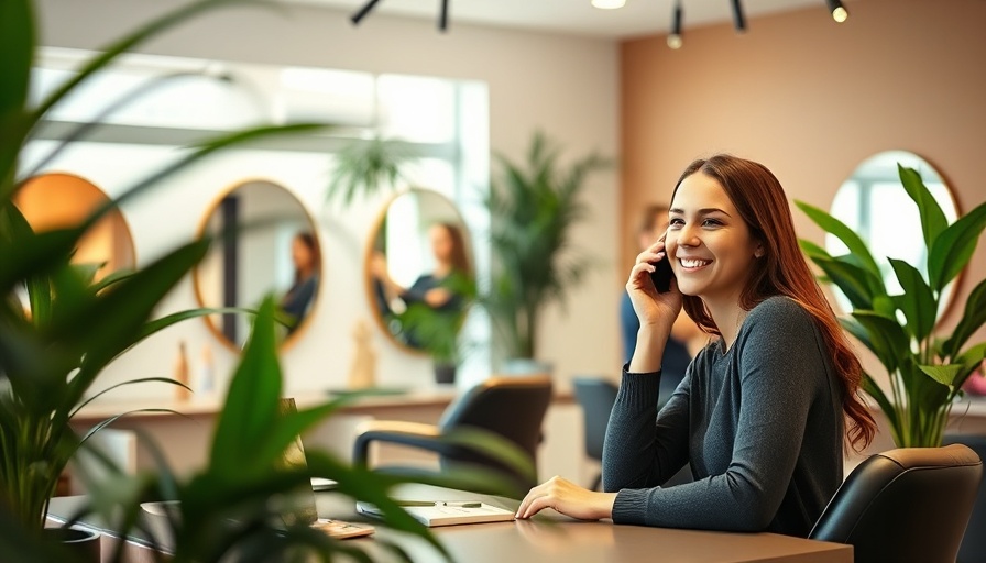 Modern salon scene, woman smiling on phone, salon expansion.