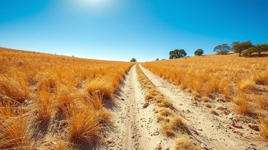Dry landscape with golden grasses under bright sun, depicting summer heat exposure.