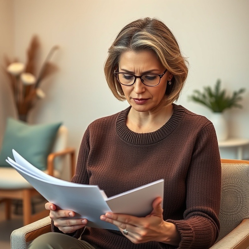 middle aged woman woman with intense gaze reading documents sitting in day spa office, 
