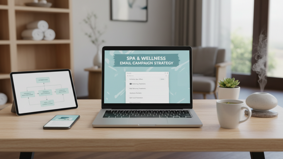 Clean digital workspace with laptop showing email inbox, perfect for email campaign strategy.