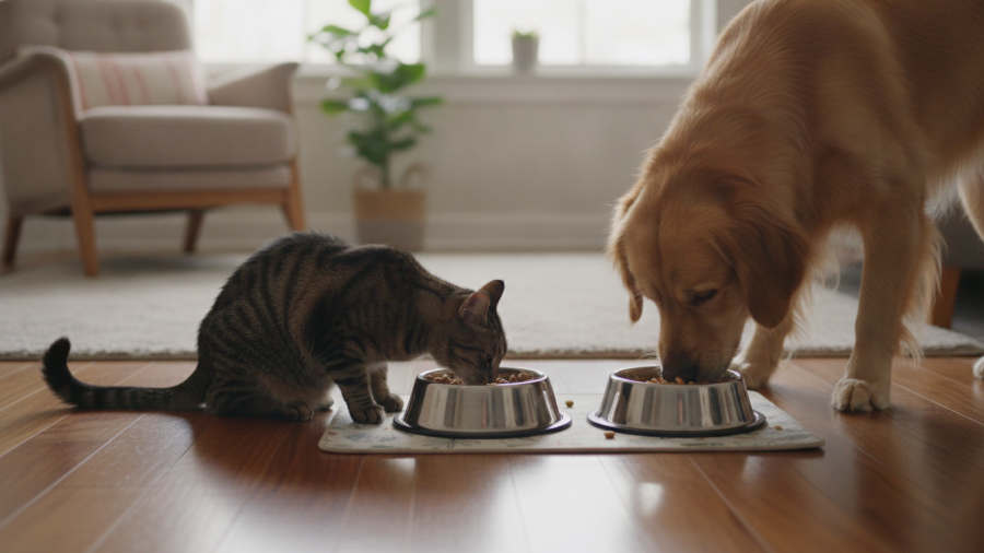 Cat and dog enjoying balanced meals, promoting pet food safety in Sacramento.