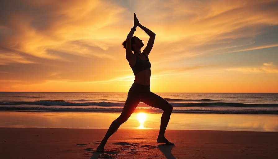 Silhouette practicing yoga at sunset on beach, wellness trends 2025