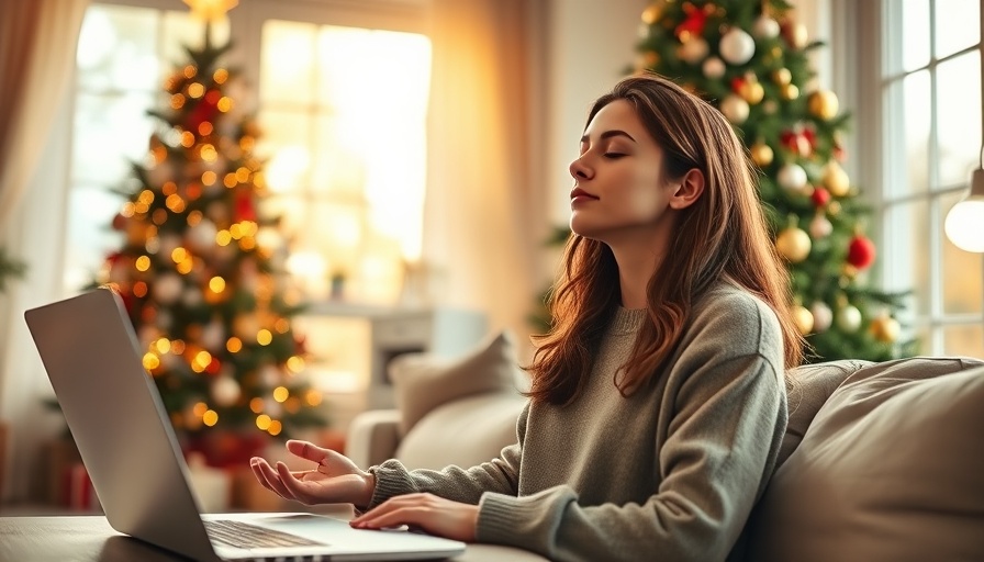 Woman meditating near Christmas tree for holiday stress management.