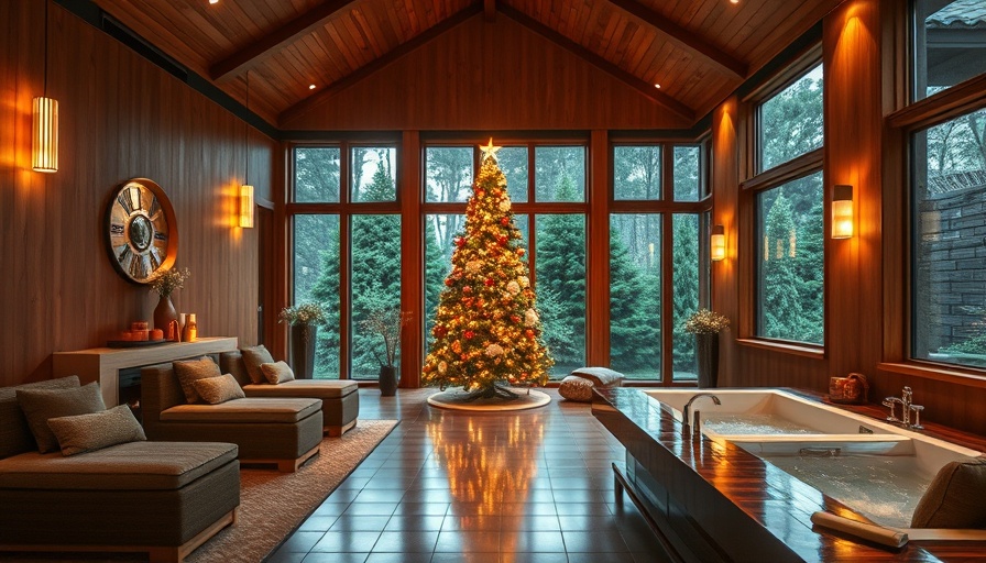 Luxurious spa lounge with Christmas tree, warm holiday atmosphere.