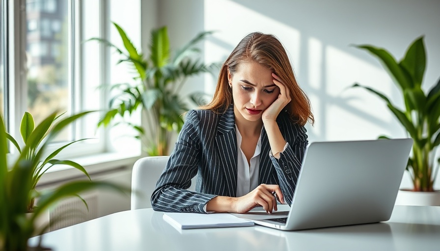 Stressed businesswoman at desk, reflecting on employee morale