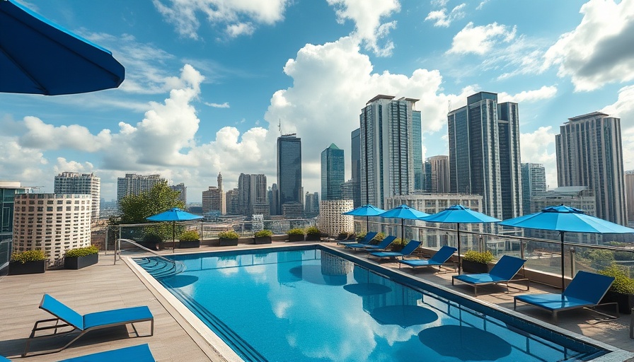 Rooftop pool with lounge chairs and blue umbrellas in a city spa.