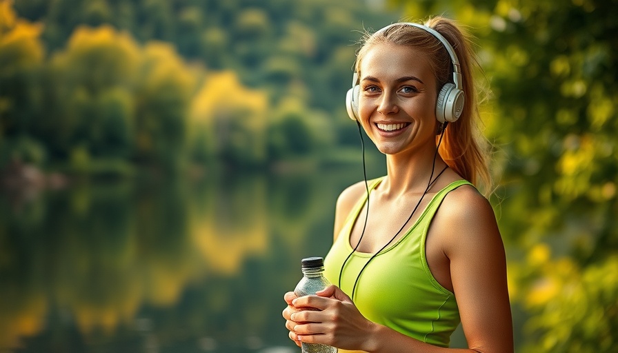 Smiling woman in park with headphones and water bottle, health trends.