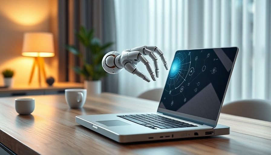 AI in Business: Futuristic AI interacting with laptop in modern office.