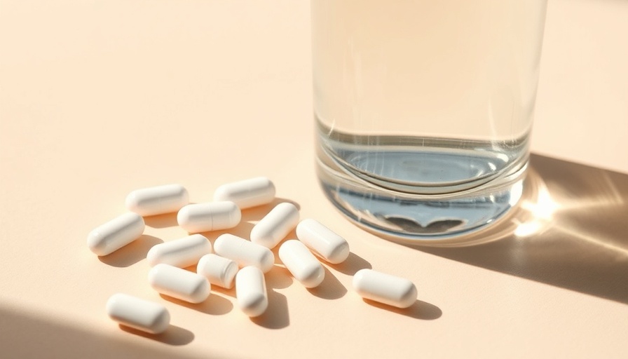 White wellness supplements and glass of water with sunlight.
