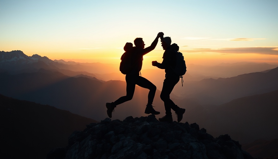 Silhouette of hikers building trust on a mountain peak.