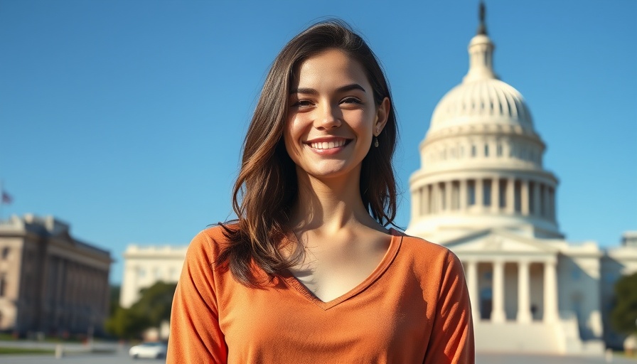Young woman smiling confidently before the Capitol, consistent leadership theme.
