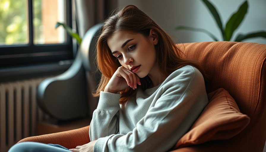 Woman managing fear, sitting pensive in cozy room.