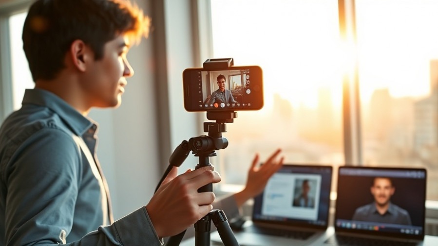 Young professional filming LinkedIn Live video showcasing content optimization strategy.