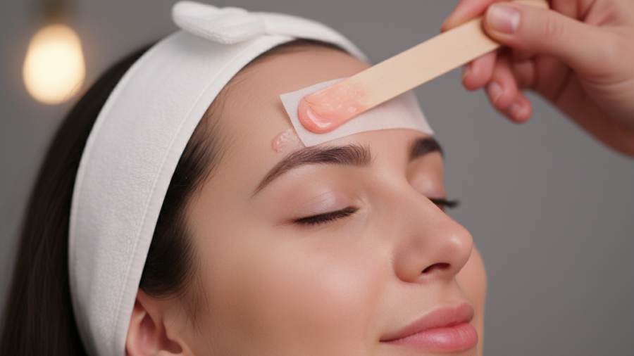 Young woman with closed eyes, serene expression, undergoing eyebrow waxing in soft pink light.