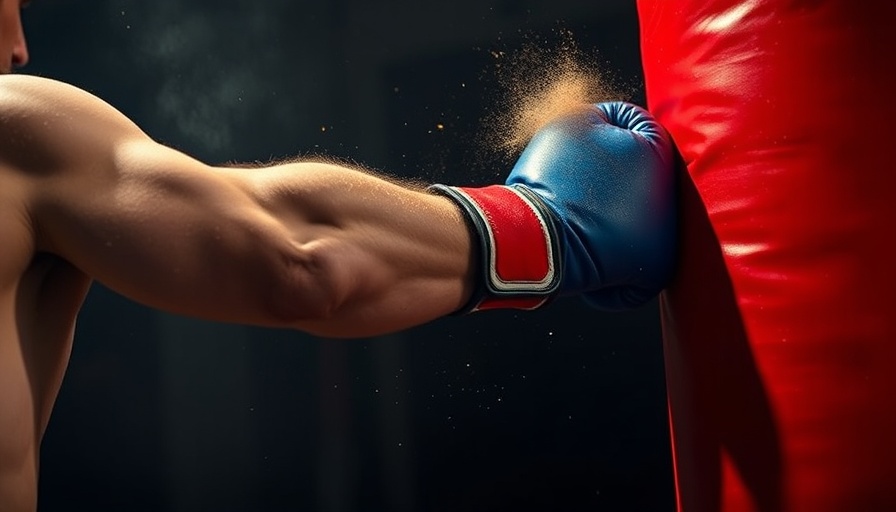 Dynamic boxing punch impacting a red bag, illustrating power.
