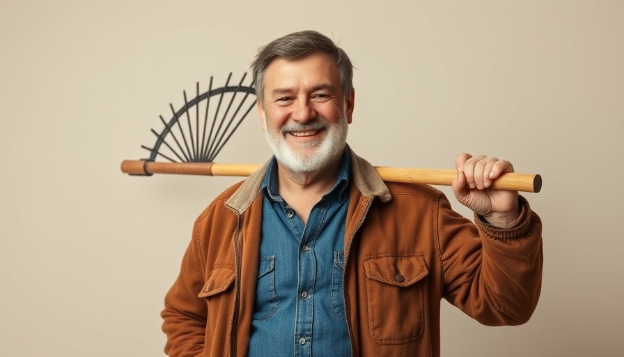 Smiling man with rake providing positive customer feedback