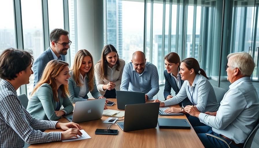 Diverse professionals collaborating in a modern office for internal communication.