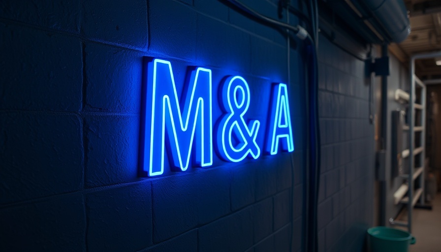 Neon blue M&A text sign on dark wall, M&A strategies.