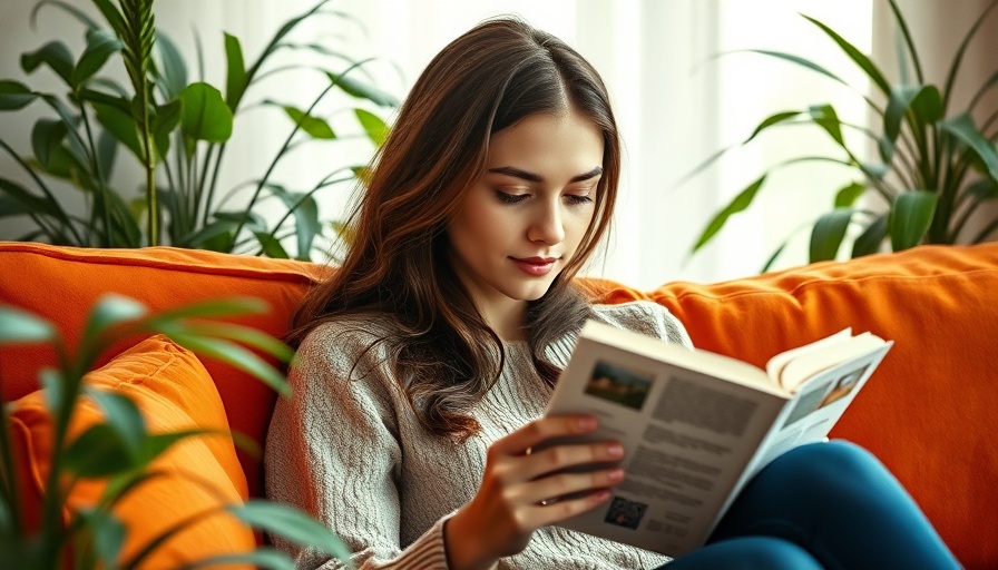 Young woman fiction reading in a cozy setting, seated on a couch.