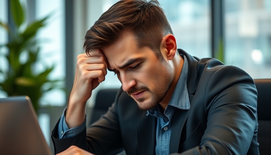 Man managing email stress at work, natural light, modern office.