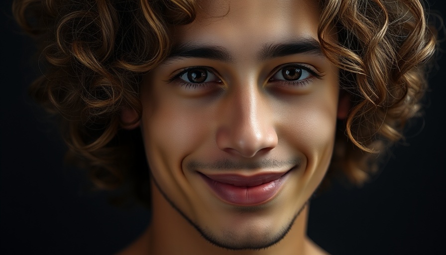 Portrait of a person with curly hair, subtle smile on a black background