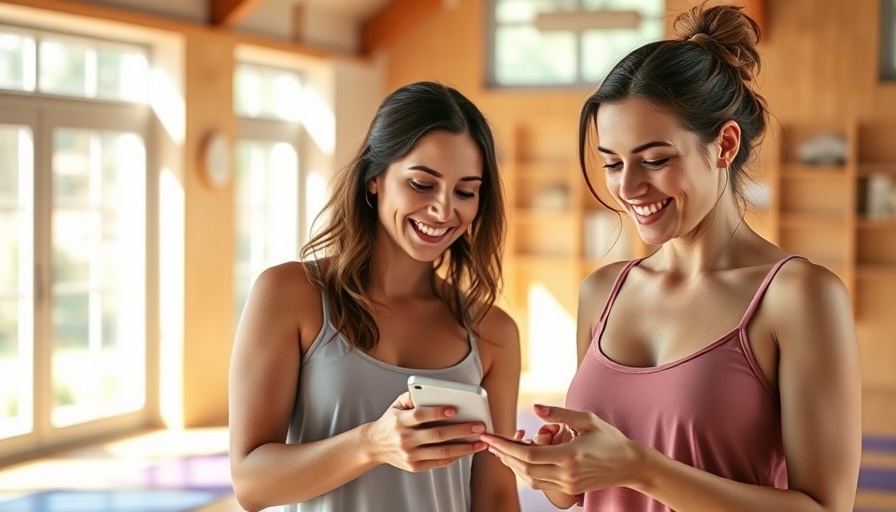 Women discussing SMS marketing in yoga studio