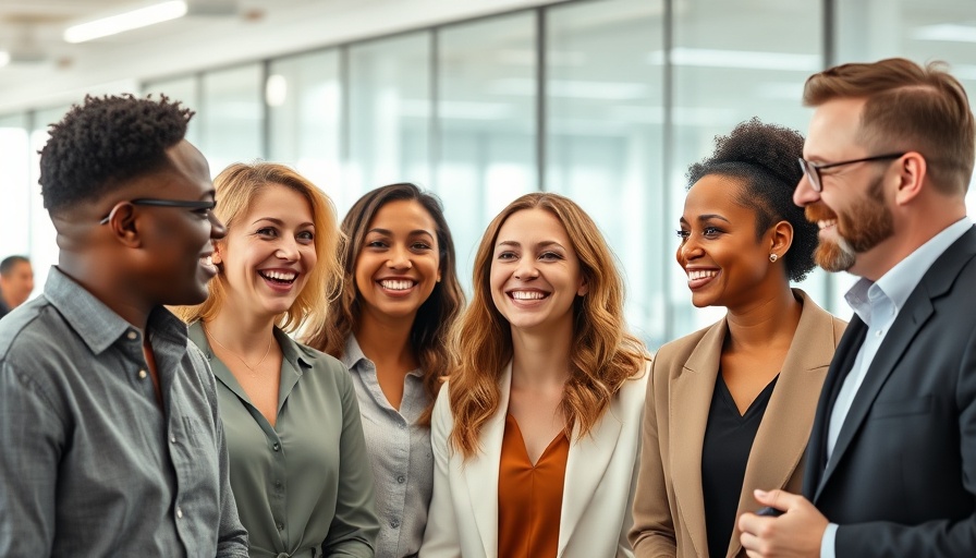 Diverse professionals engaging in conversation in office.