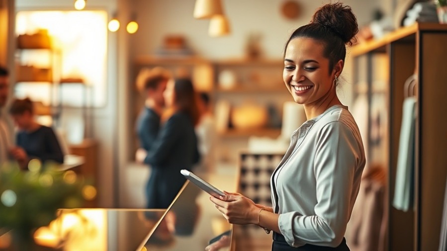 Small business owner checks tablet, showing positive marketing ROI and LTV.