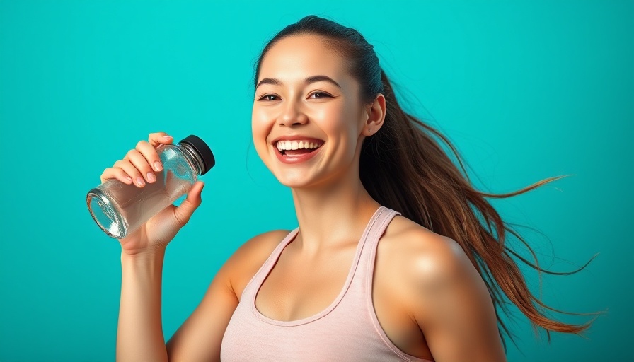Joyful woman promoting sustainable fitness with a water bottle.