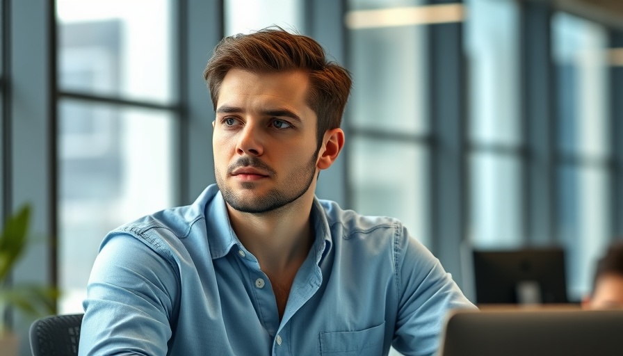 Casual man in office, contemplating business growth metrics.