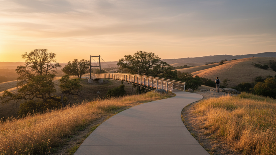 Golden-hour glow along the Johnny Cash Trail, featuring scenic hills and peaceful ambiance.