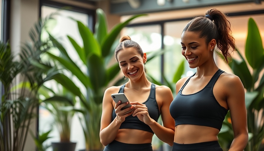 Women engaging in SMS marketing in a gym setting.
