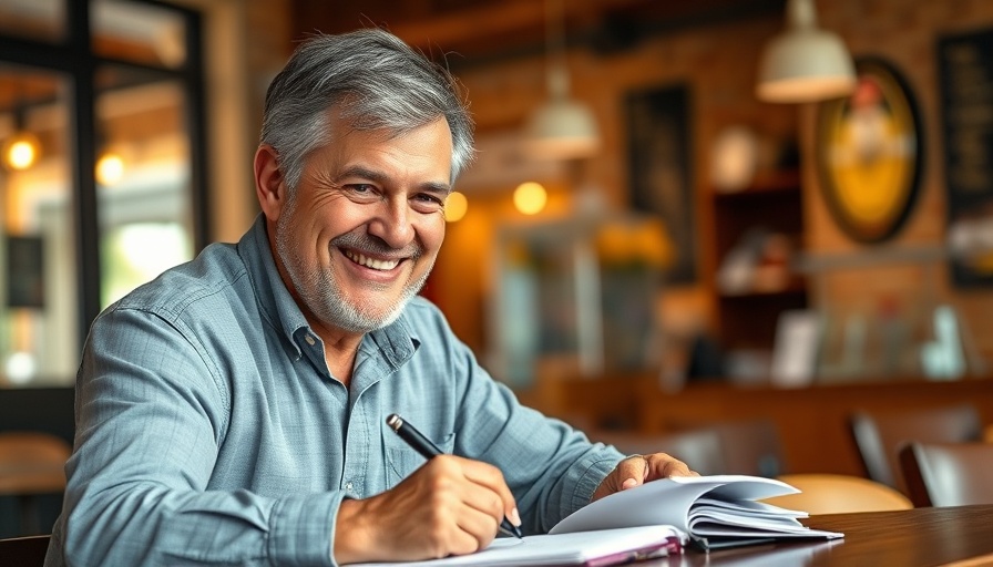 Business growth concept with man in cafe writing in notebook.