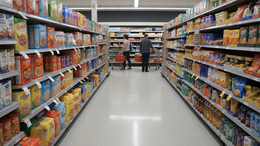Grocery store aisle showcasing how layout impacts buying behavior and mindful eating.
