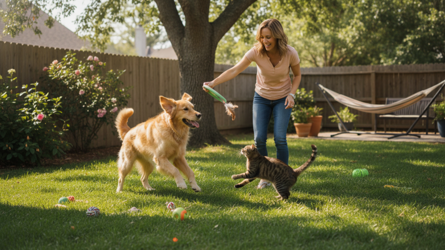 Playful cat and dog showing signs of a healthy pet during sunny backyard playtime.