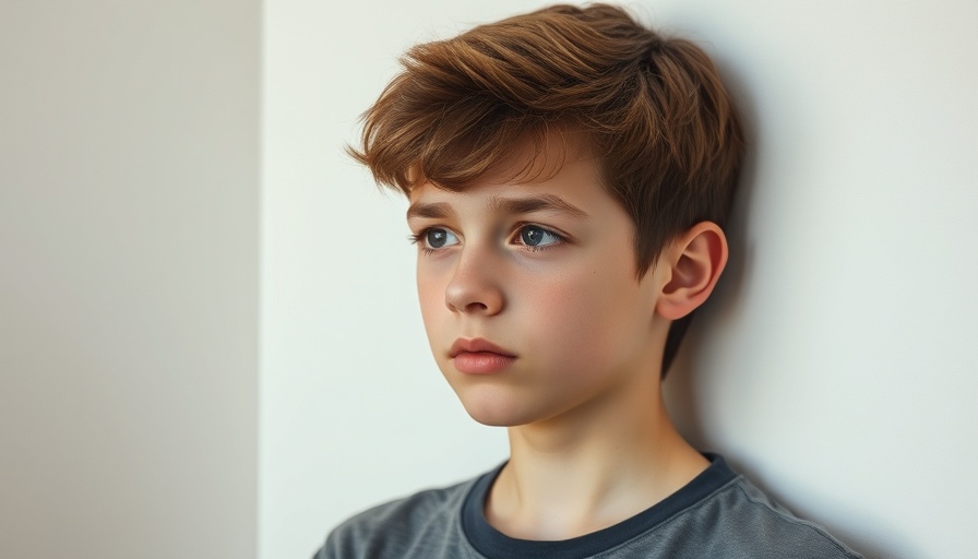 Contemplative teen boy leaning against a wall, at-risk kids theme.