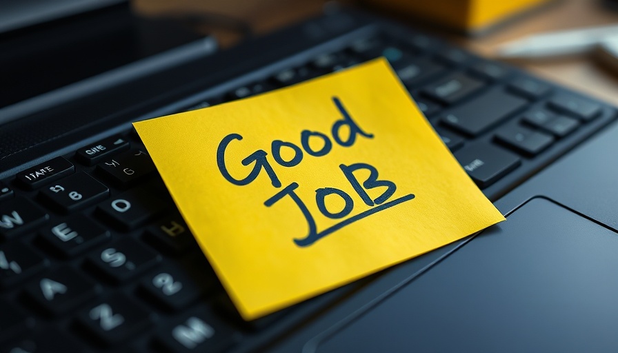 Yellow sticky note on keyboard for accountability reminder.