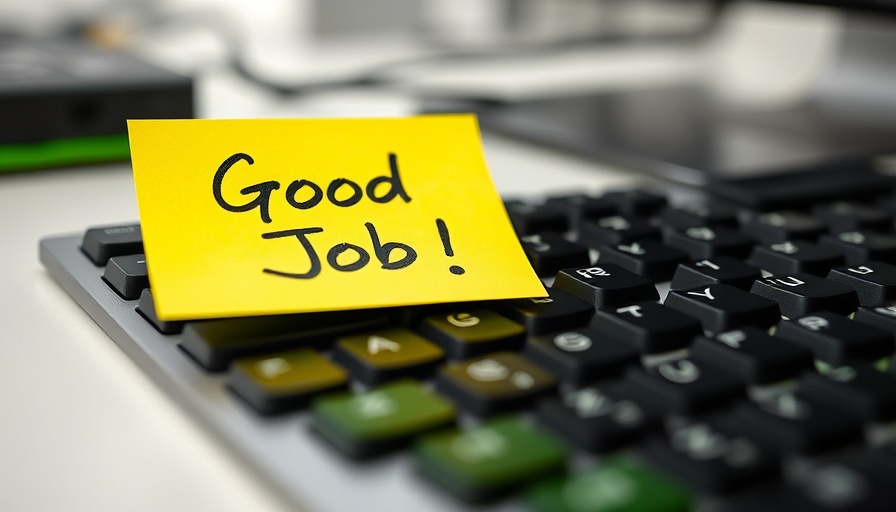 Yellow sticky note with 'Good Job' on keyboard, accountability reminder.