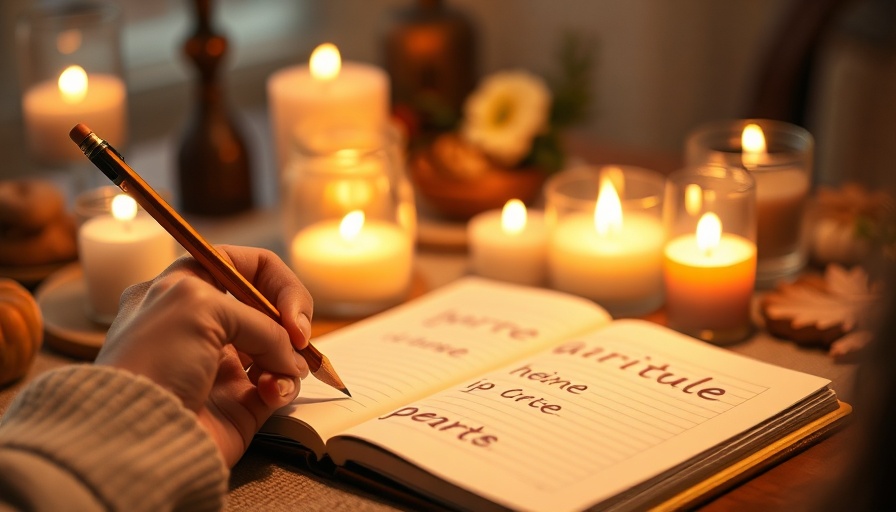 Person writing in gratitude journal with cozy lighting.