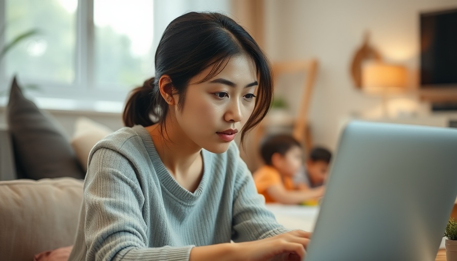 Asian woman working remotely at home with children in background