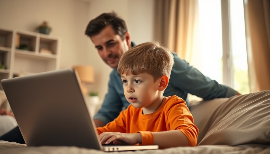 Child learning on laptop with adult, cozy environment.