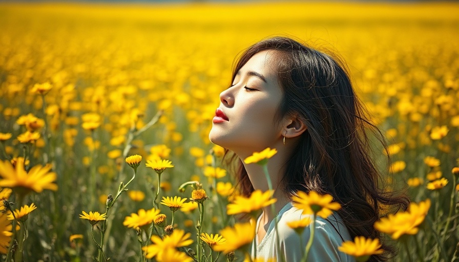 Serene woman scenting flowers, sensehacking in vibrant field.
