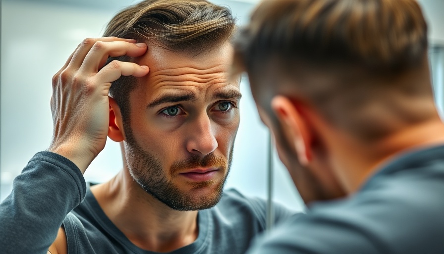 Man examining scalp in bathroom mirror for scalp facials.